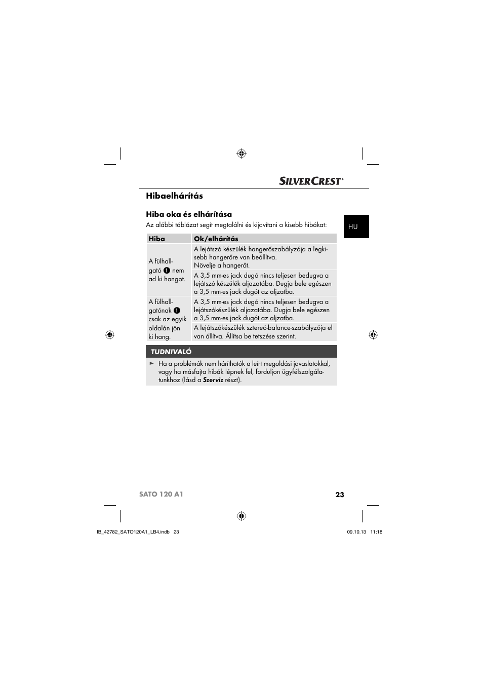 Hibaelhárítás, Hiba oka és elhárítása | Silvercrest SATO 120 A1 User Manual | Page 26 / 87