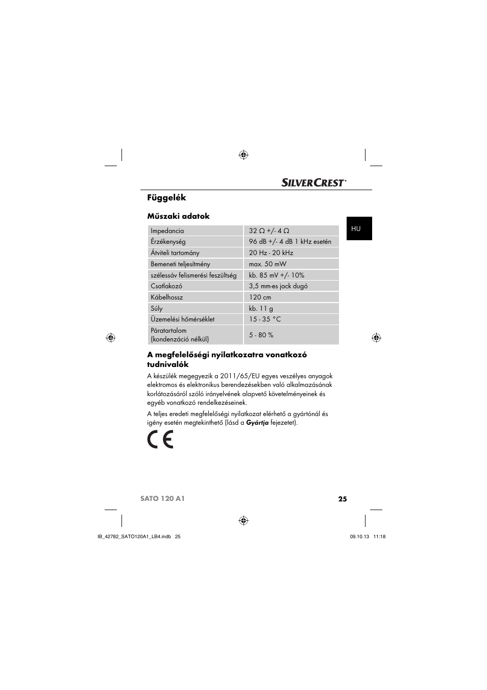 Függelék, Műszaki adatok, A megfelelőségi nyilatkozatra vonatkozó tudnivalók | Silvercrest SATO 120 A1 User Manual | Page 28 / 87