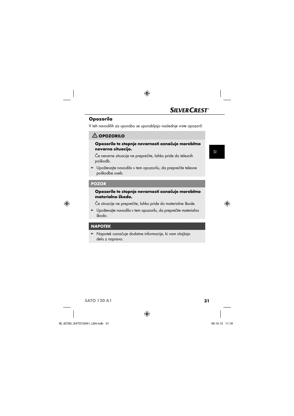 Opozorila | Silvercrest SATO 120 A1 User Manual | Page 34 / 87