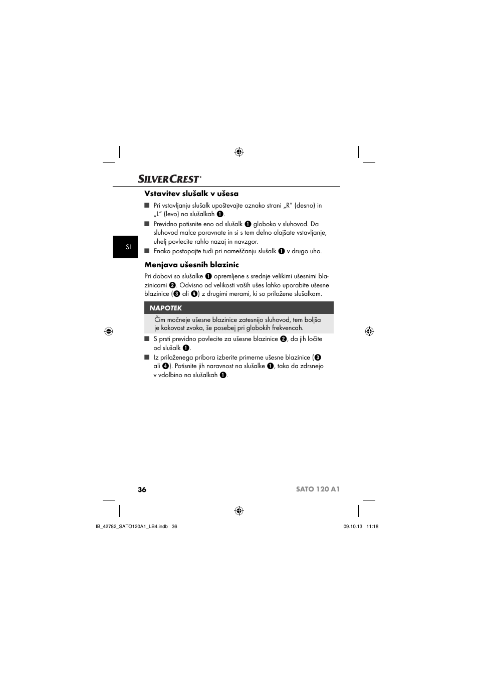 Vstavitev slušalk v ušesa, Menjava ušesnih blazinic | Silvercrest SATO 120 A1 User Manual | Page 39 / 87