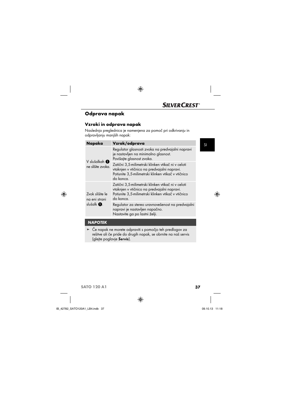 Odprava napak, Vzroki in odprava napak | Silvercrest SATO 120 A1 User Manual | Page 40 / 87