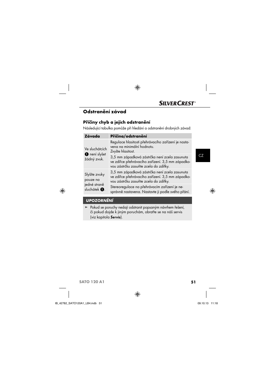 Odstranění závad, Příčiny chyb a jejich odstranění | Silvercrest SATO 120 A1 User Manual | Page 54 / 87