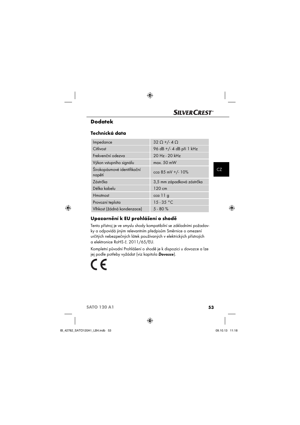 Dodatek, Technická data, Upozornění k eu prohlášení o shodě | Silvercrest SATO 120 A1 User Manual | Page 56 / 87