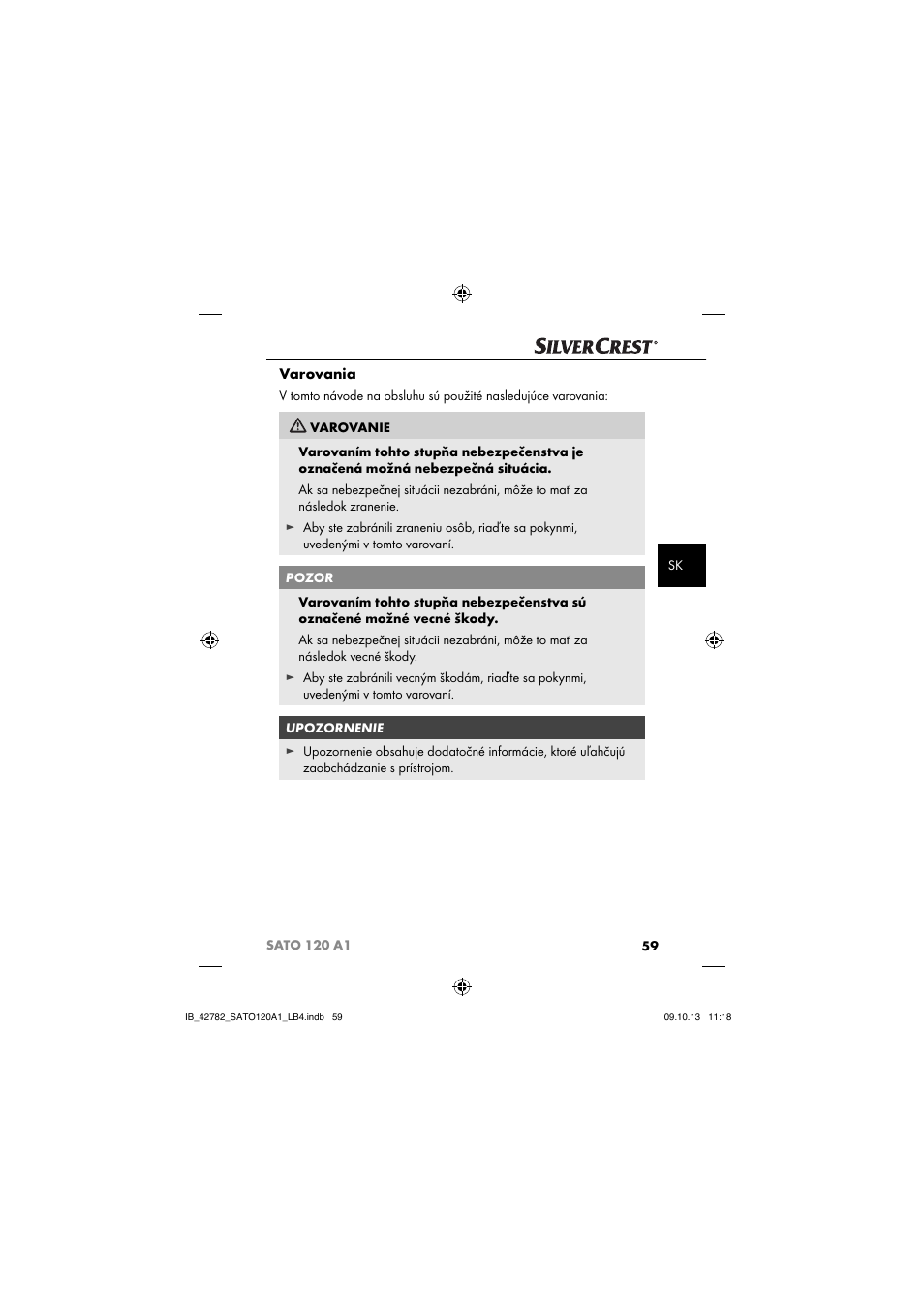 Varovania | Silvercrest SATO 120 A1 User Manual | Page 62 / 87