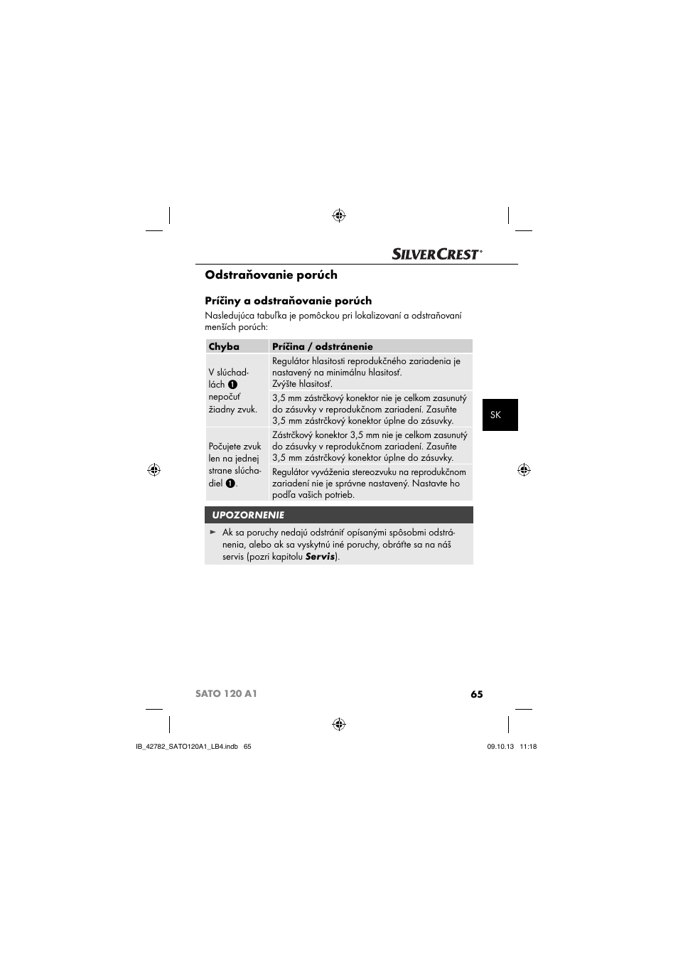 Odstraňovanie porúch, Príčiny a odstraňovanie porúch | Silvercrest SATO 120 A1 User Manual | Page 68 / 87