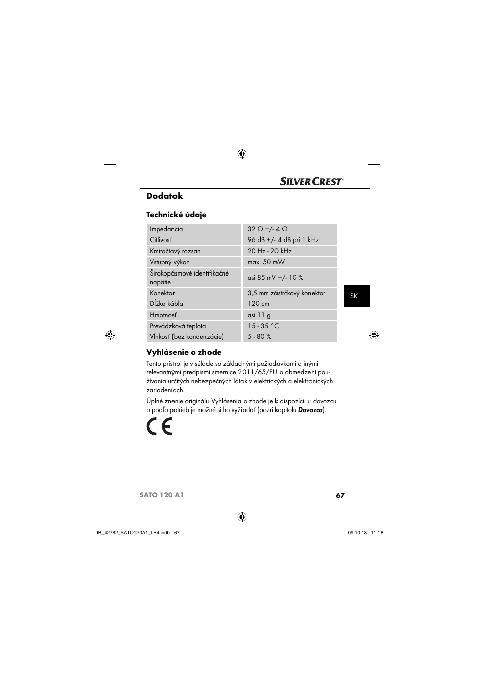 Dodatok, Technické údaje, Vyhlásenie o zhode | Silvercrest SATO 120 A1 User Manual | Page 70 / 87