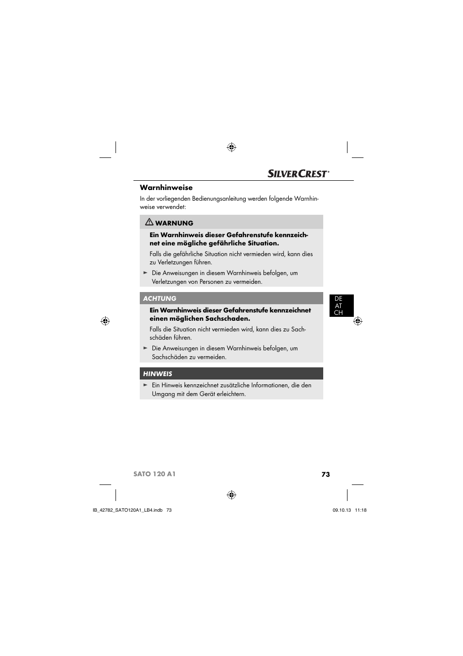 Warnhinweise | Silvercrest SATO 120 A1 User Manual | Page 76 / 87