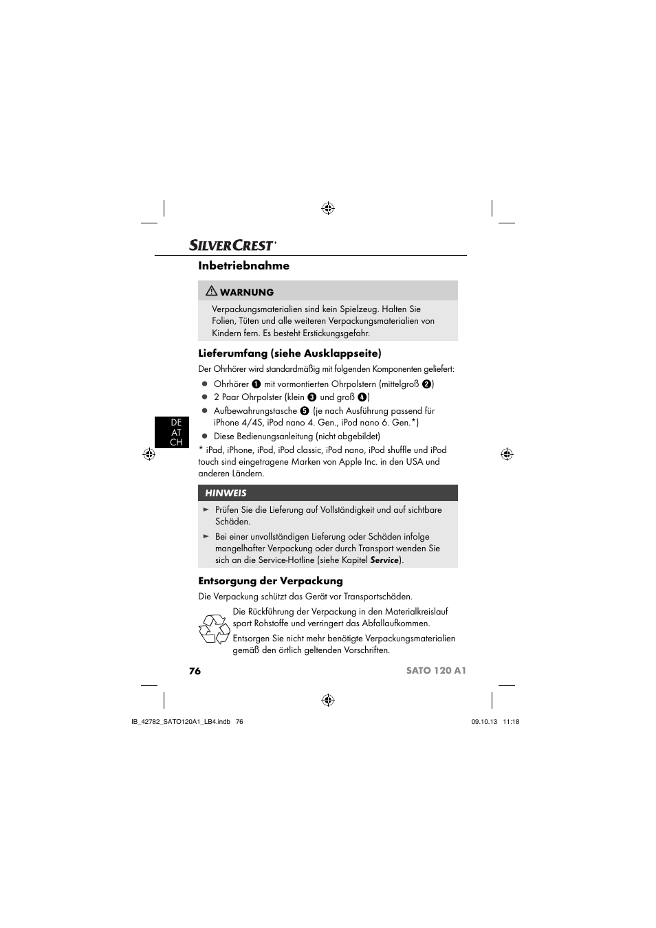 Inbetriebnahme, Lieferumfang (siehe ausklappseite), Entsorgung der verpackung | Silvercrest SATO 120 A1 User Manual | Page 79 / 87