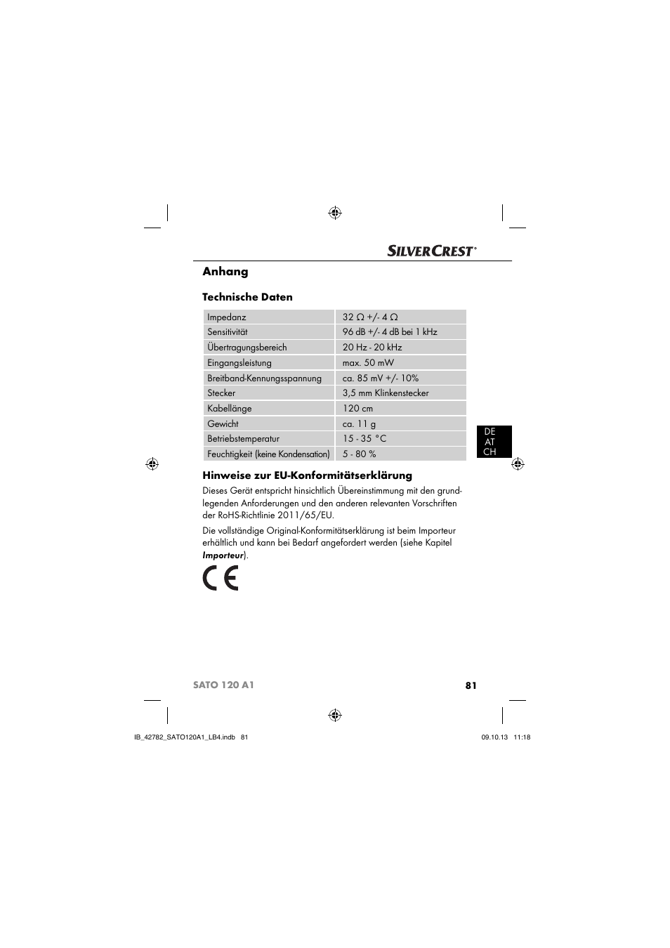 Anhang, Technische daten, Hinweise zur eu-konformitätserklärung | Silvercrest SATO 120 A1 User Manual | Page 84 / 87