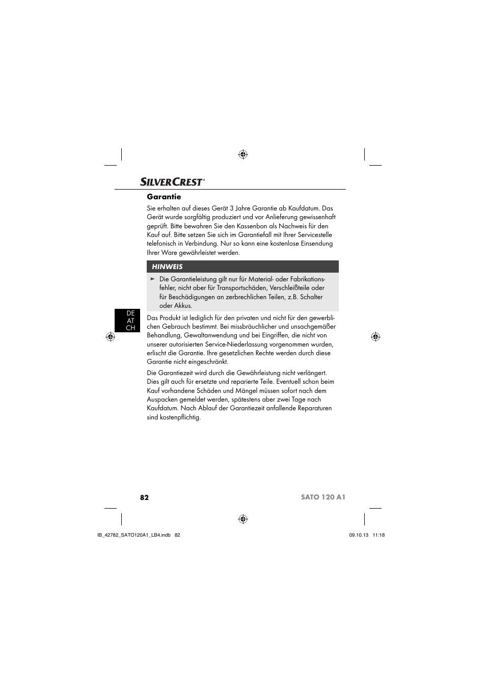 Garantie | Silvercrest SATO 120 A1 User Manual | Page 85 / 87