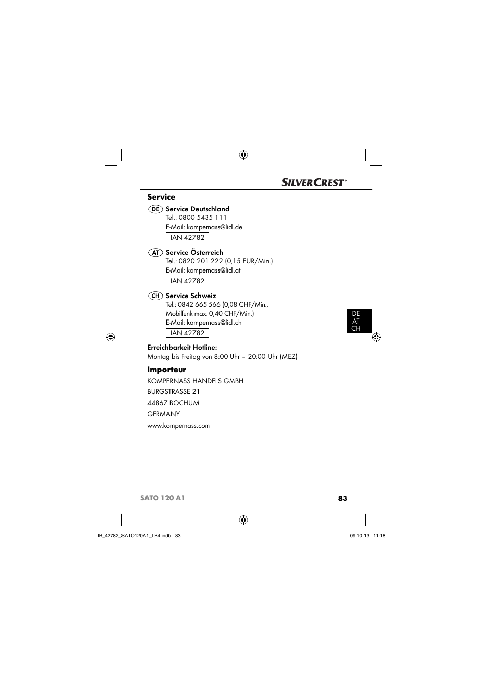 Service, Importeur | Silvercrest SATO 120 A1 User Manual | Page 86 / 87