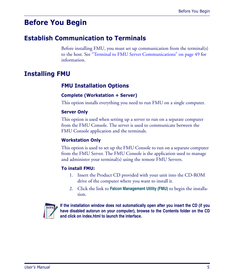 Before you begin, Establish communication to terminals, Installing fmu | Fmu installation options, Before you begin” on | Datalogic Scanning PDA User Manual | Page 17 / 100