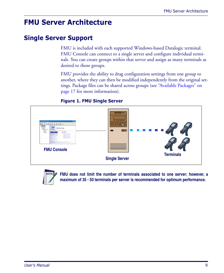 Fmu server architecture, Single server support | Datalogic Scanning PDA User Manual | Page 21 / 100