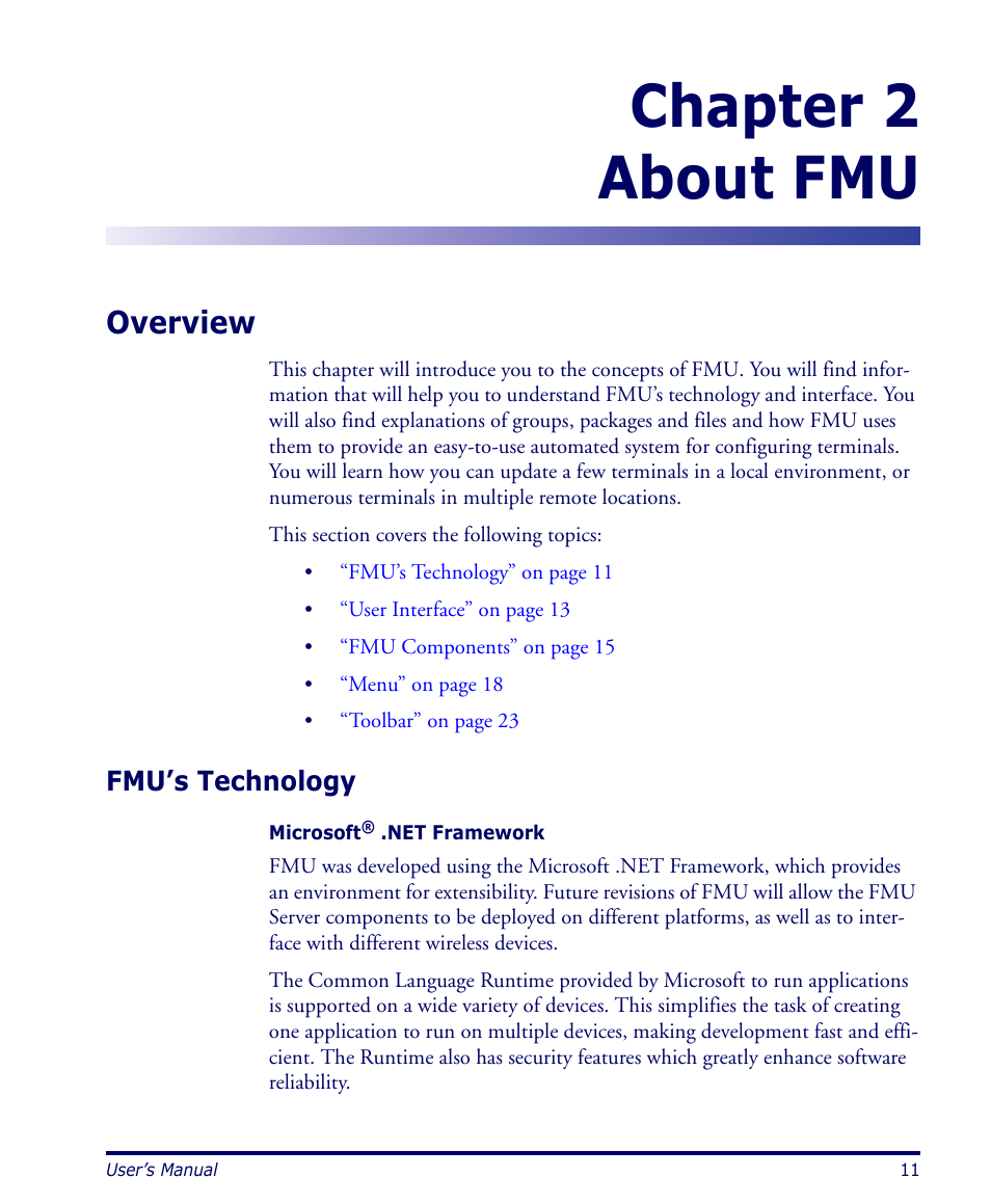 About fmu, Overview, Fmu’s technology | Chapter 2, Chapter 2 about fmu | Datalogic Scanning PDA User Manual | Page 23 / 100