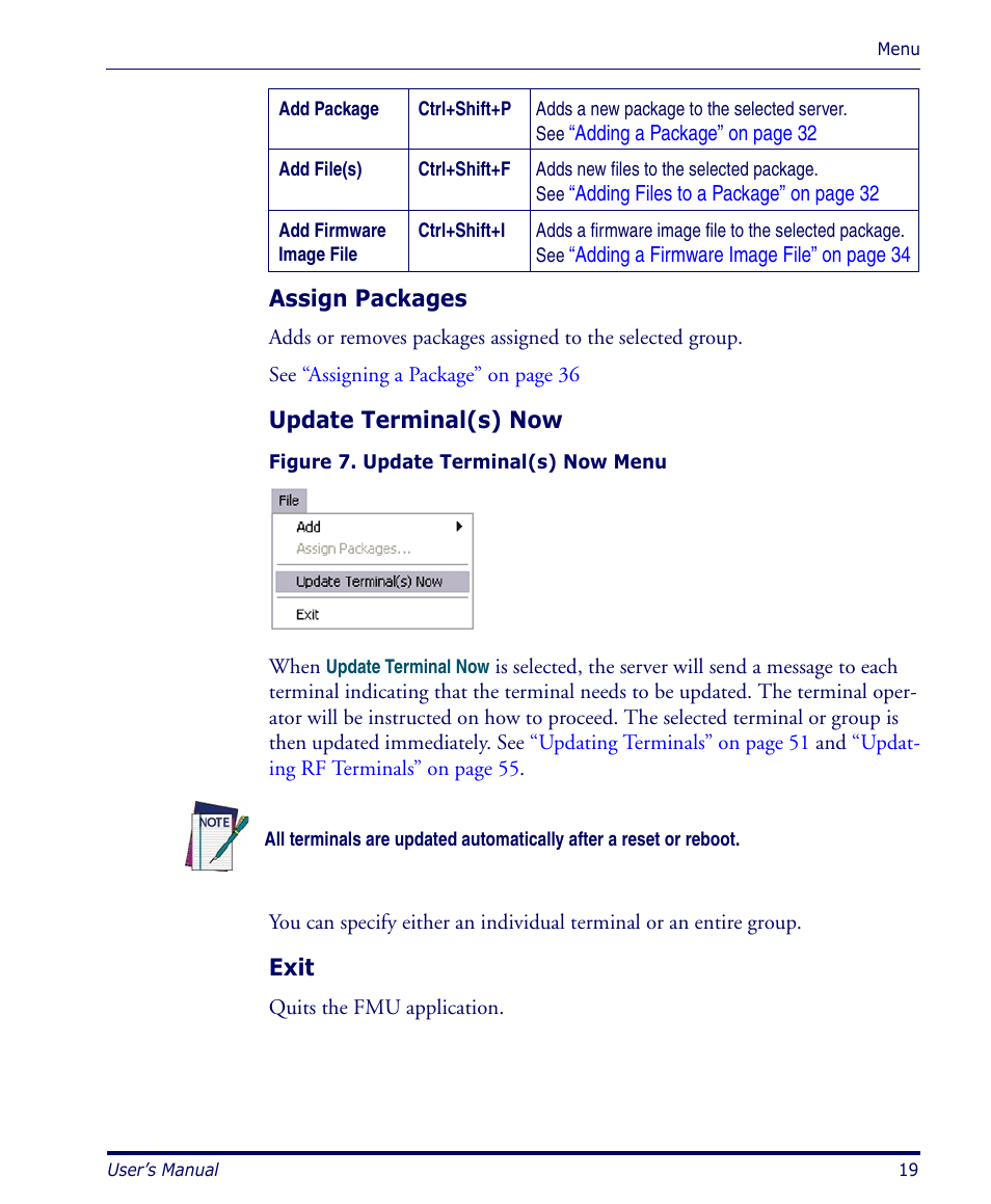 Assign packages, Update terminal(s) now, Exit | Assign packages update terminal(s) now exit | Datalogic Scanning PDA User Manual | Page 31 / 100