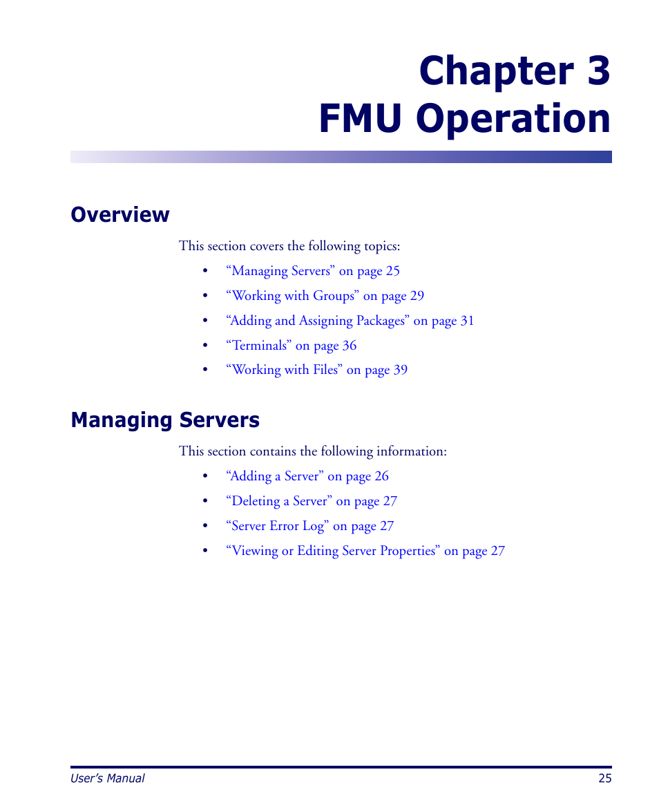 Fmu operation, Overview, Managing servers | Chapter 3, Overview managing servers, Chapter 3 fmu operation | Datalogic Scanning PDA User Manual | Page 37 / 100