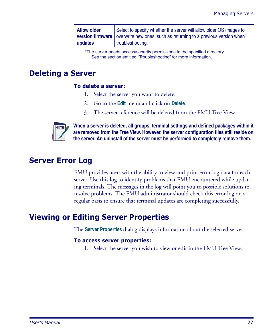 Deleting a server, Server error log, Viewing or editing server properties | Datalogic Scanning PDA User Manual | Page 39 / 100