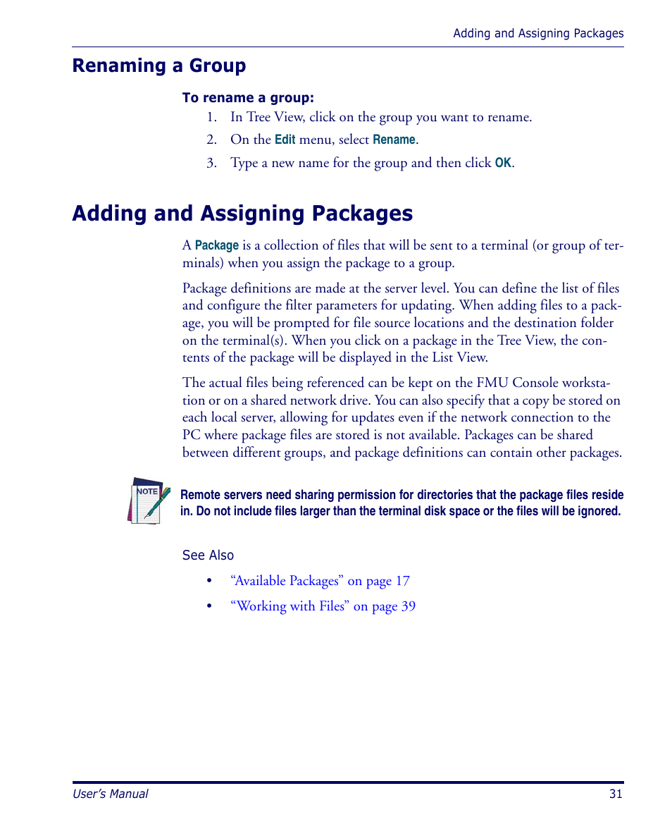 Renaming a group, Adding and assigning packages | Datalogic Scanning PDA User Manual | Page 43 / 100