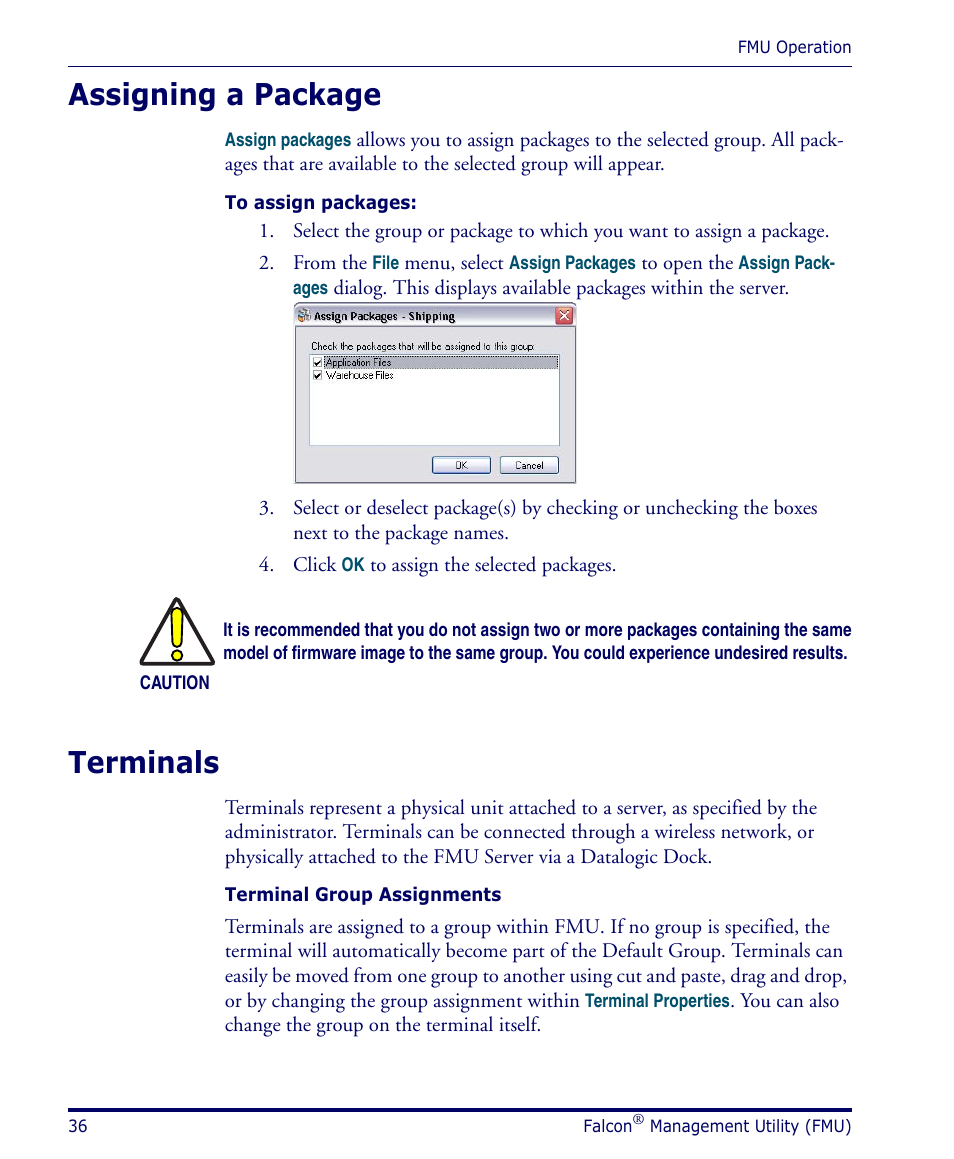 Assigning a package, Terminals, Assigning a package terminals | For mor | Datalogic Scanning PDA User Manual | Page 48 / 100