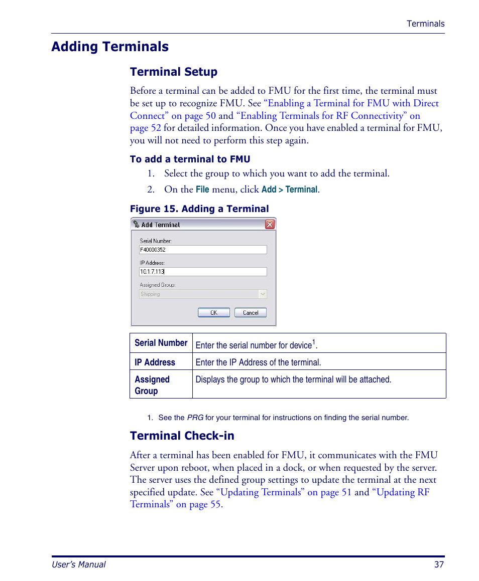 Adding terminals, Terminal setup, Terminal check-in | Terminal setup terminal check-in | Datalogic Scanning PDA User Manual | Page 49 / 100