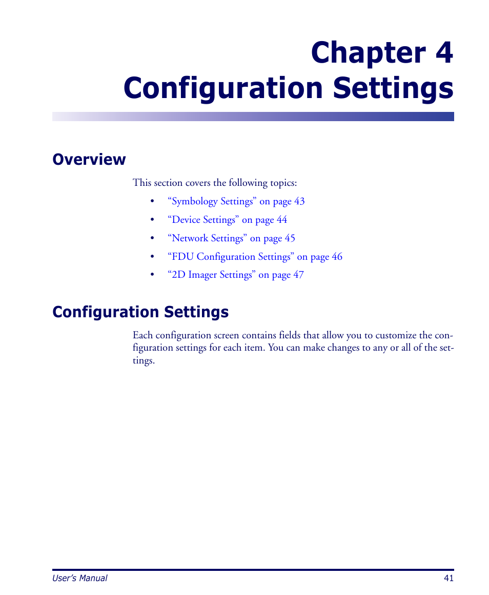 Configuration settings, Overview, Chapter 4 | Overview configuration settings, Chapter 4 configuration settings | Datalogic Scanning PDA User Manual | Page 53 / 100