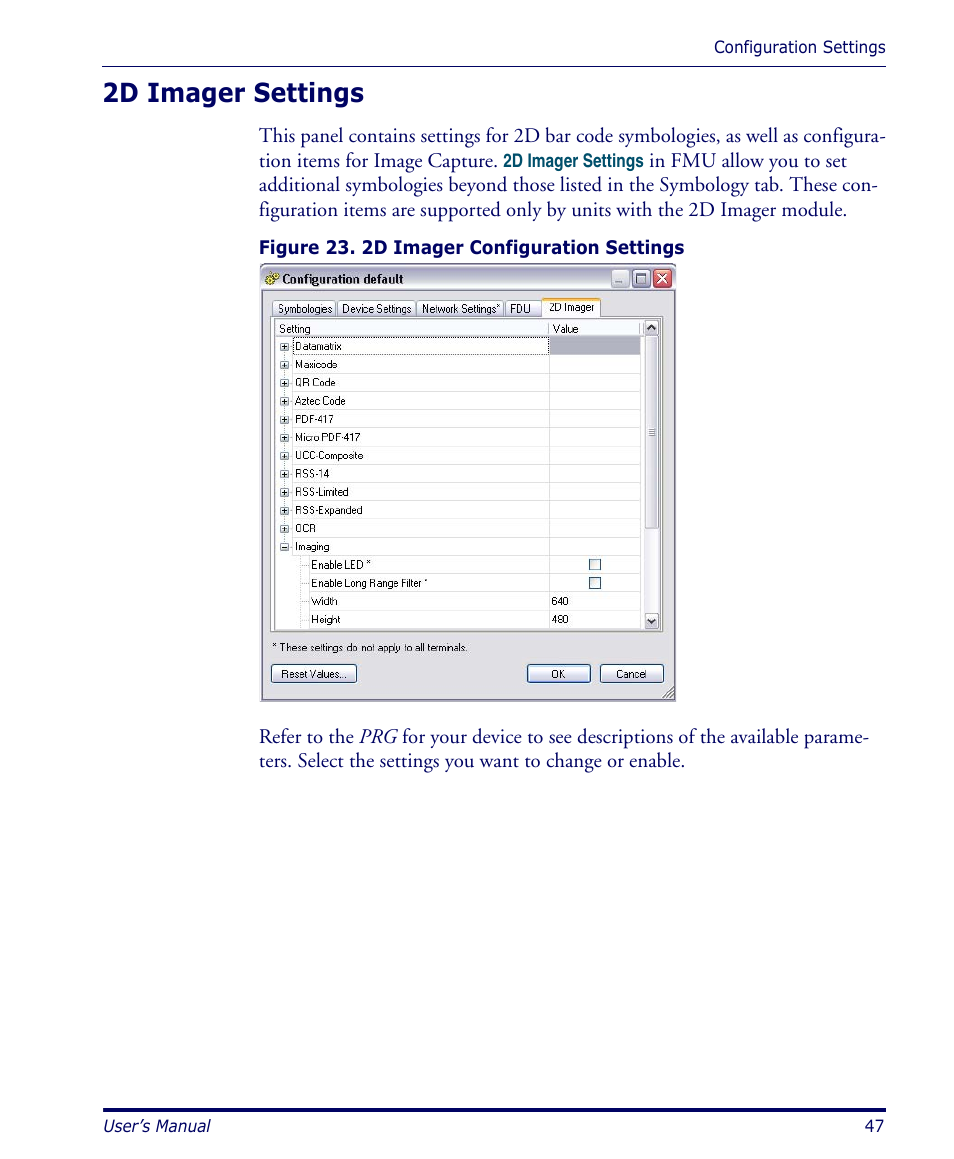 2d imager settings | Datalogic Scanning PDA User Manual | Page 59 / 100