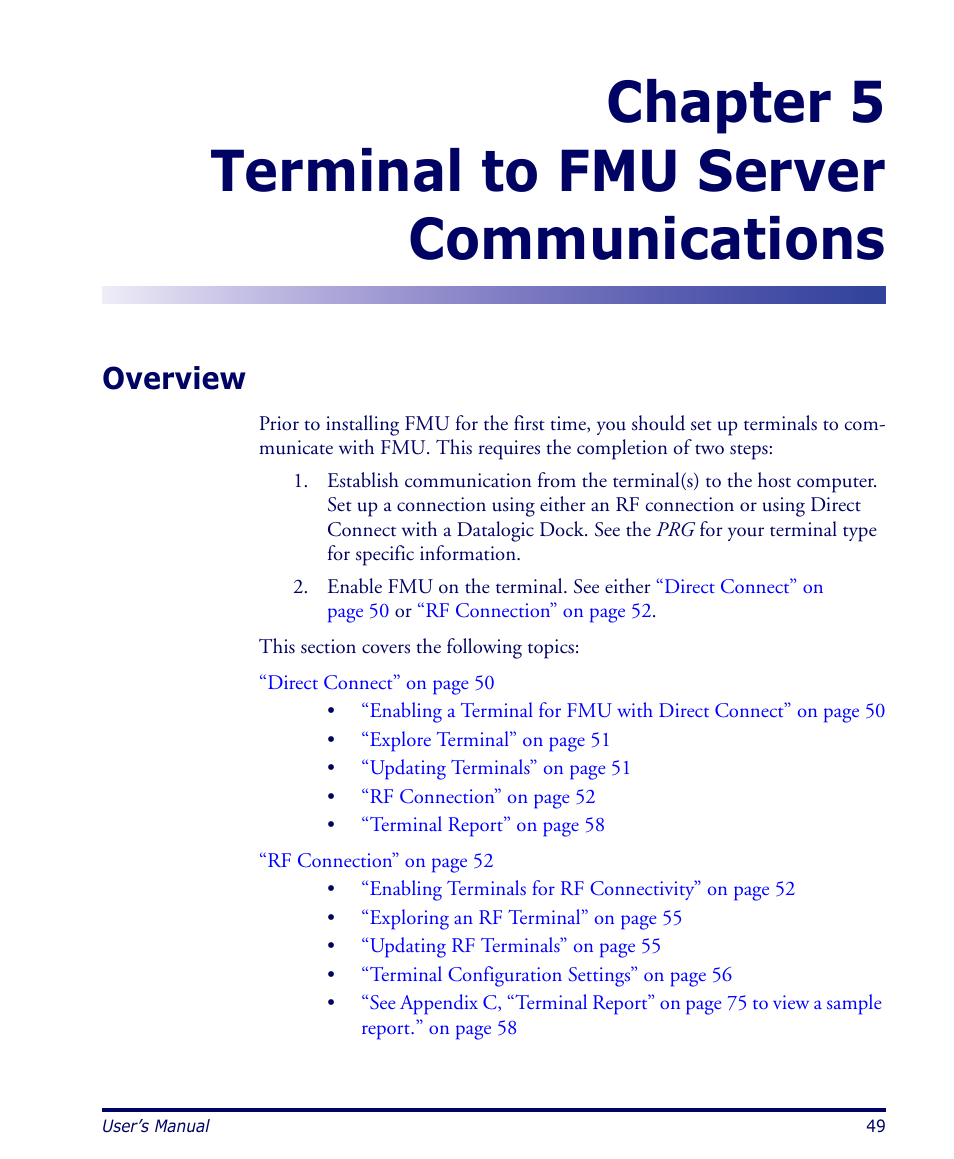 Terminal to fmu server communications, Overview, Chapter 5 | Terminal to fmu server, Chapter 5 terminal to fmu server communications | Datalogic Scanning PDA User Manual | Page 61 / 100