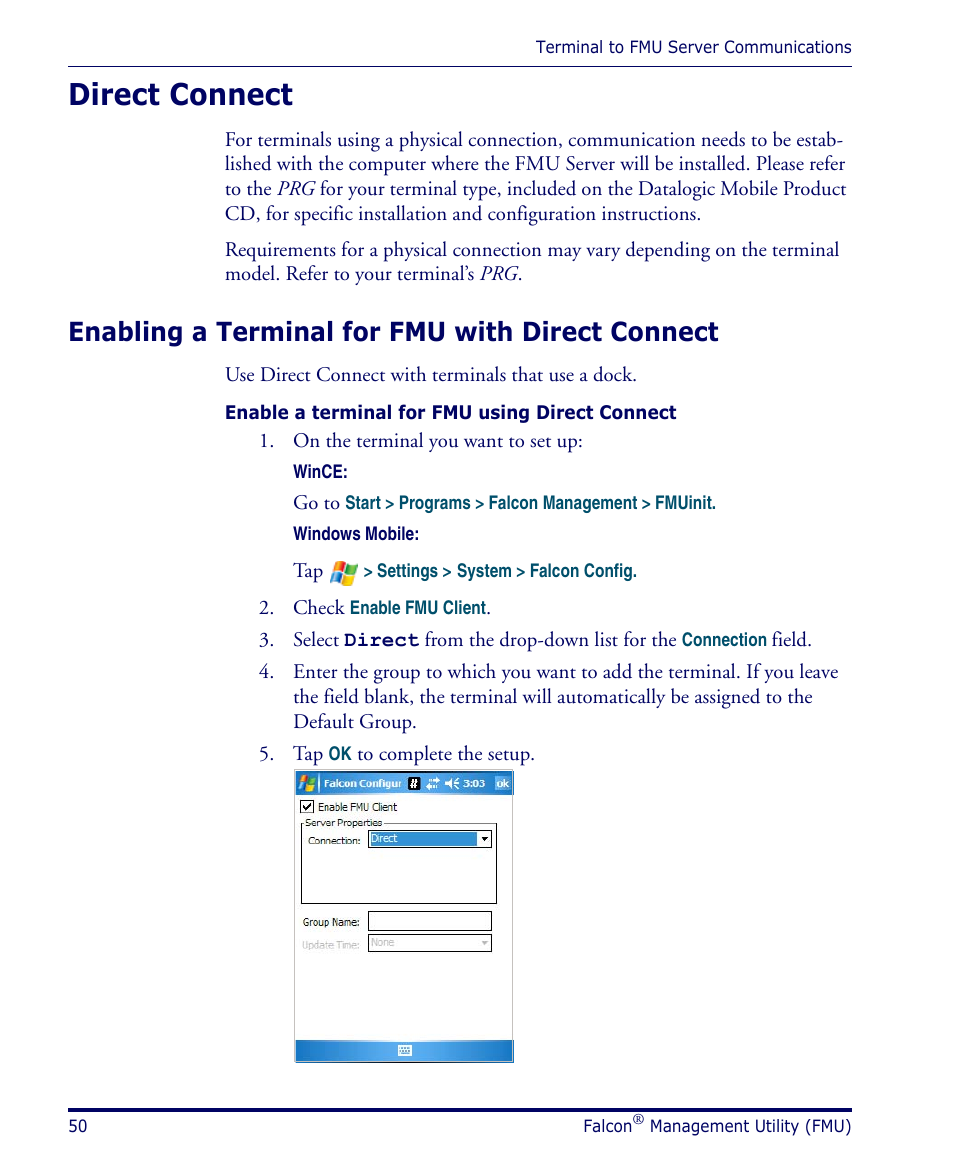 Direct connect, Enabling a terminal for fmu with direct connect, Fmu (see | Enabling a termi, Enabling a terminal for fmu with direct, Direct connect” on | Datalogic Scanning PDA User Manual | Page 62 / 100
