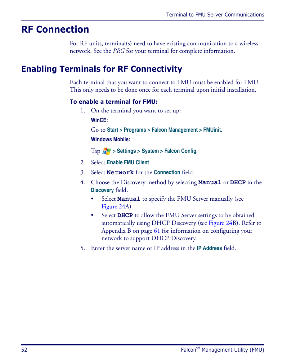 Rf connection, Enabling terminals for rf connectivity, Enabling termi | Fmu (see, Enabling terminals for rf connectivity” on | Datalogic Scanning PDA User Manual | Page 64 / 100