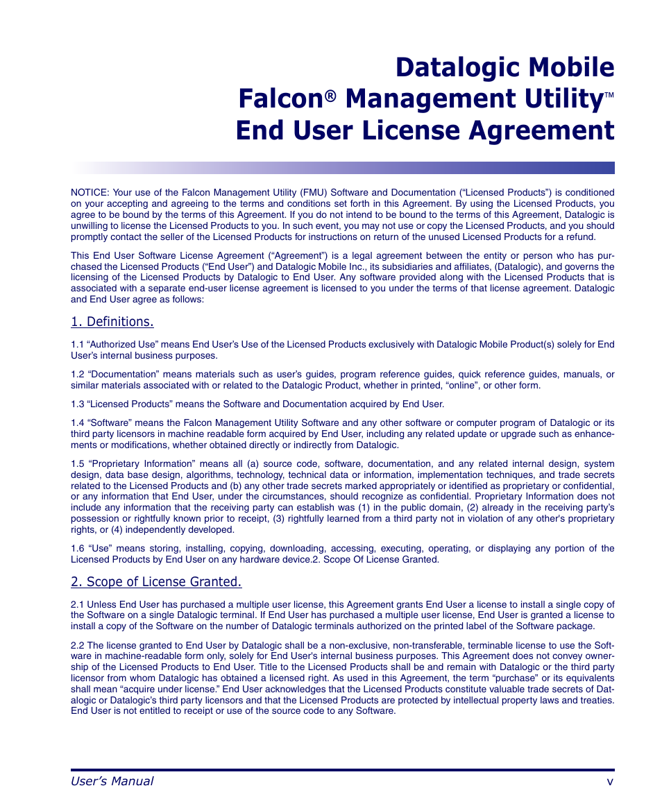 Datalogic mobile falcon, Management utility, End user license agreement | Datalogic Scanning PDA User Manual | Page 7 / 100