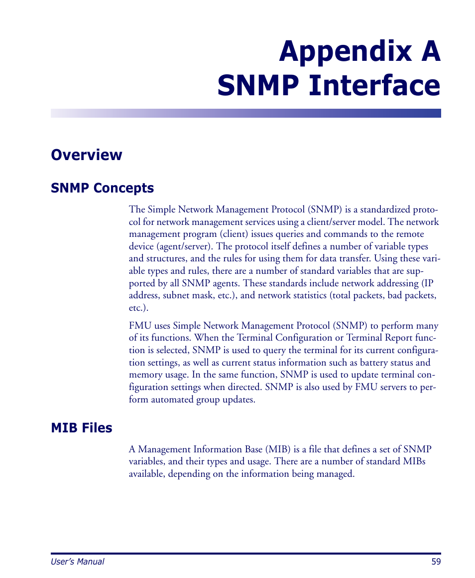 Snmp interface, Overview, Snmp concepts | Mib files, Appendix a, Snmp concepts mib files, Appendix a snmp interface | Datalogic Scanning PDA User Manual | Page 71 / 100