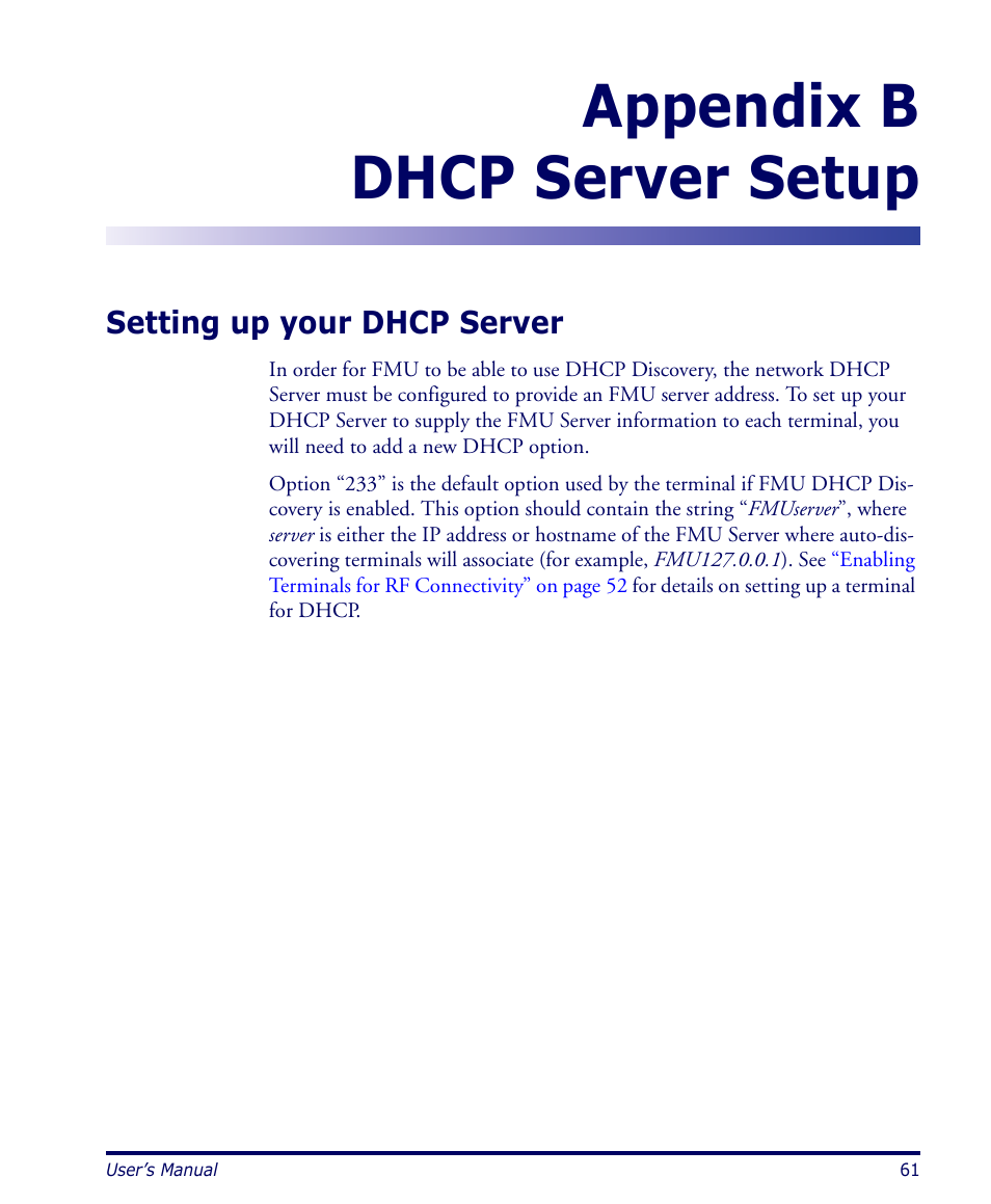 Dhcp server setup, Setting up your dhcp server, Appendix b | Appendix b dhcp server setup | Datalogic Scanning PDA User Manual | Page 73 / 100