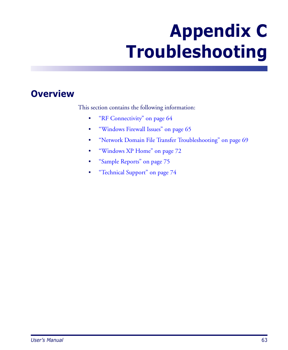 Troubleshooting, Overview, Appendix c | Appendix c troubleshooting | Datalogic Scanning PDA User Manual | Page 75 / 100