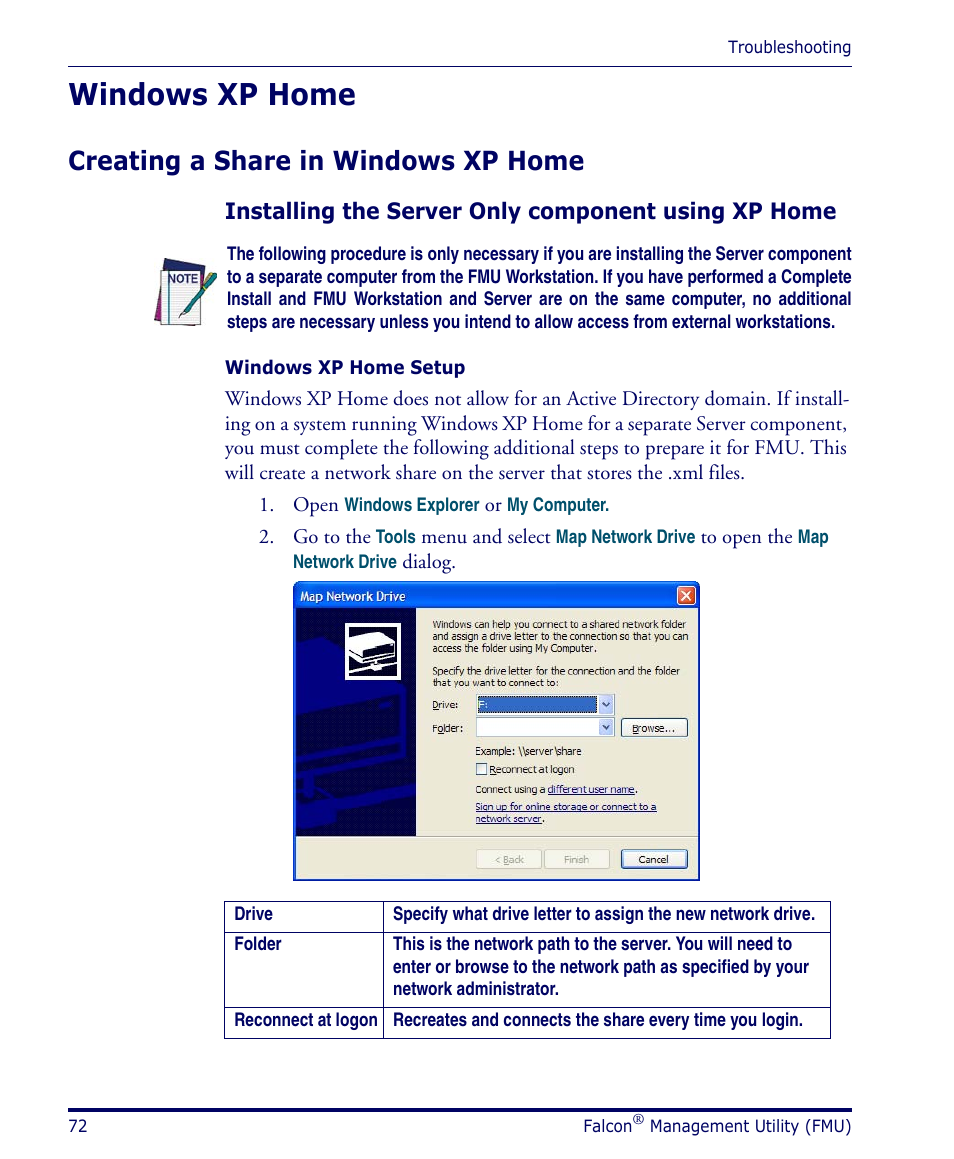Windows xp home, Creating a share in windows xp home, Installing the server only component using xp home | Datalogic Scanning PDA User Manual | Page 84 / 100