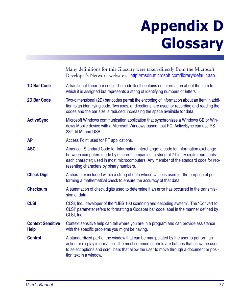 Glossary, Appendix d, Appendix d glossary | Datalogic Scanning PDA User Manual | Page 89 / 100