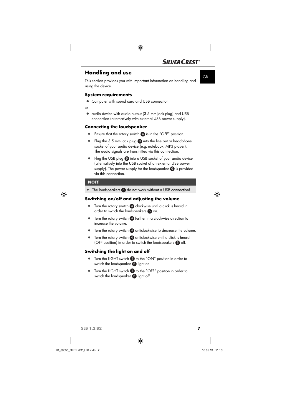 Handling and use, System requirements, Connecting the loudspeaker | Switching on/oﬀ and adjusting the volume, Switching the light on and oﬀ | Silvercrest SLB 1.2 B2 User Manual | Page 10 / 40