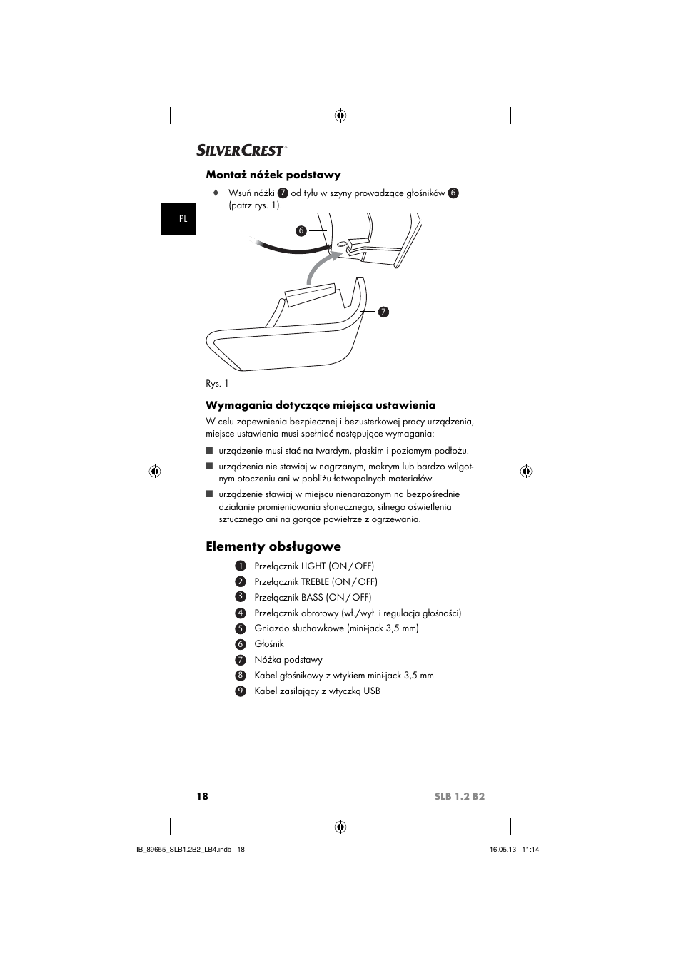 Elementy obsługowe, Montaż nóżek podstawy, Wymagania dotyczące miejsca ustawienia | Silvercrest SLB 1.2 B2 User Manual | Page 21 / 40