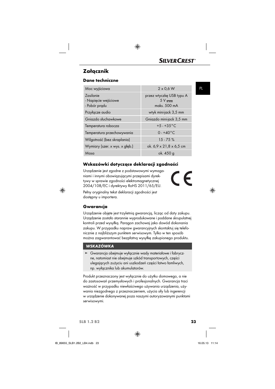 Załącznik, Dane techniczne, Wskazówki dotyczące deklaracji zgodności | Gwarancja | Silvercrest SLB 1.2 B2 User Manual | Page 26 / 40