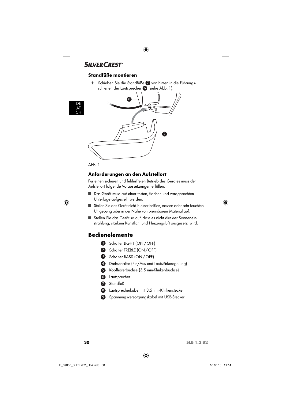 Bedienelemente, Standfüße montieren, Anforderungen an den aufstellort | Silvercrest SLB 1.2 B2 User Manual | Page 33 / 40
