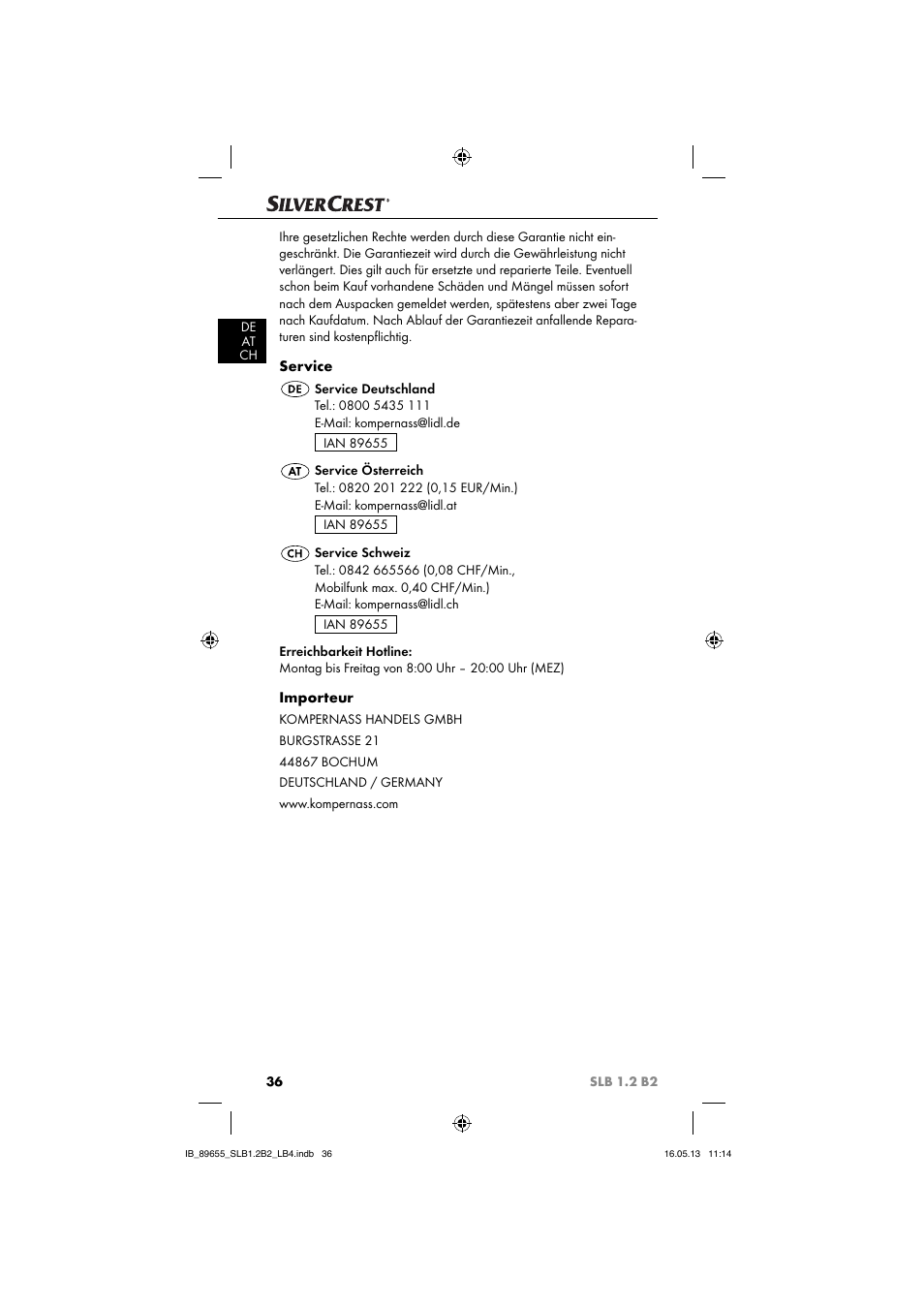 Service, Importeur | Silvercrest SLB 1.2 B2 User Manual | Page 39 / 40