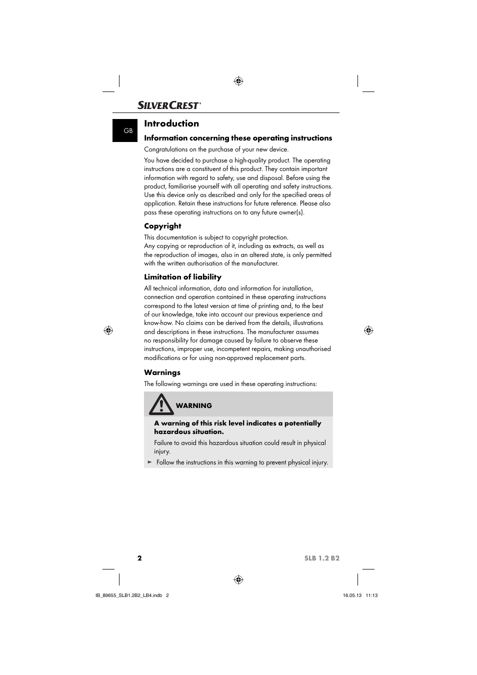 Introduction, Copyright, Limitation of liability | Warnings | Silvercrest SLB 1.2 B2 User Manual | Page 5 / 40