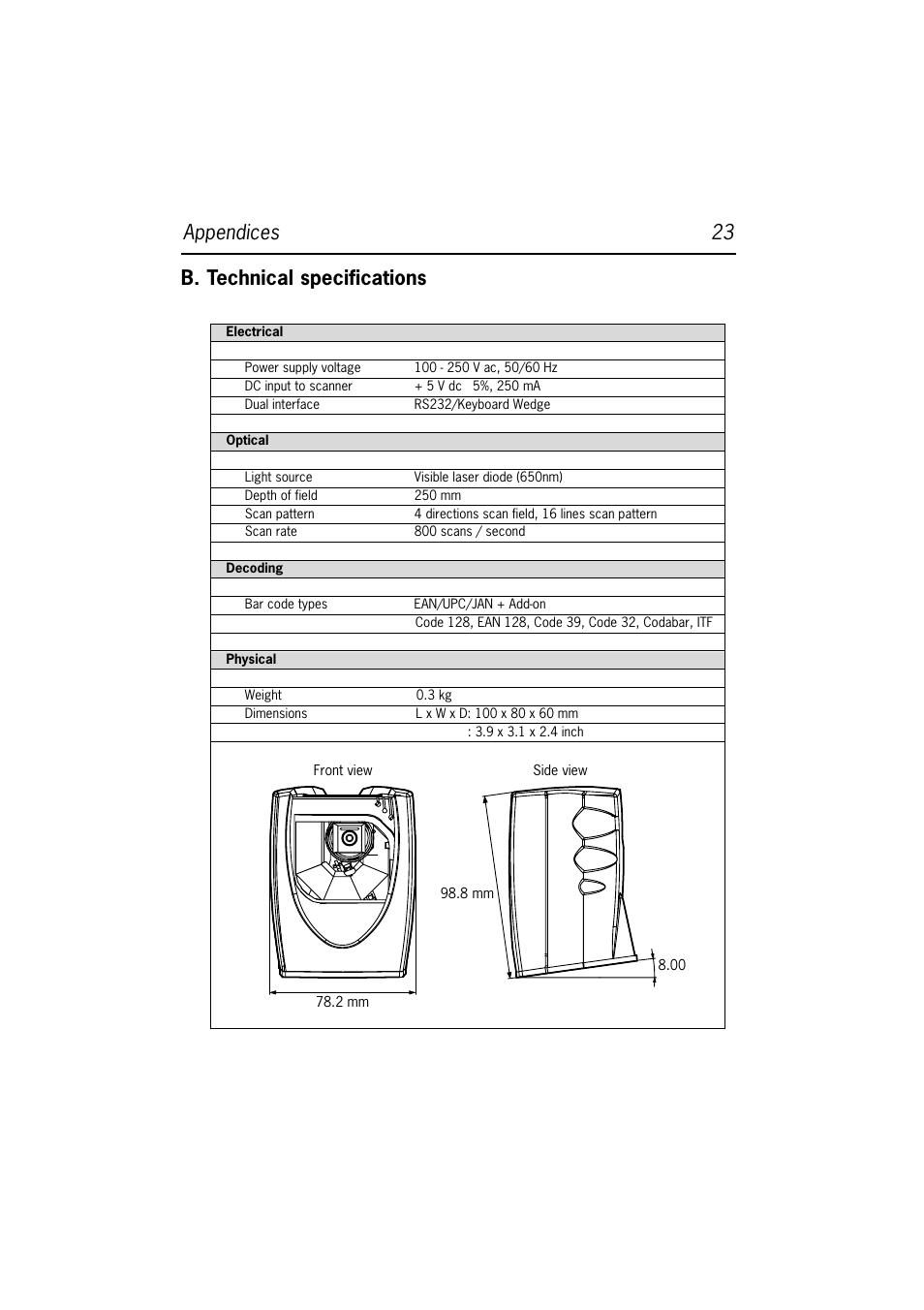 Appendices 23 b. technical specifications | Datalogic Scanning DLL2020-WO User Manual | Page 27 / 30