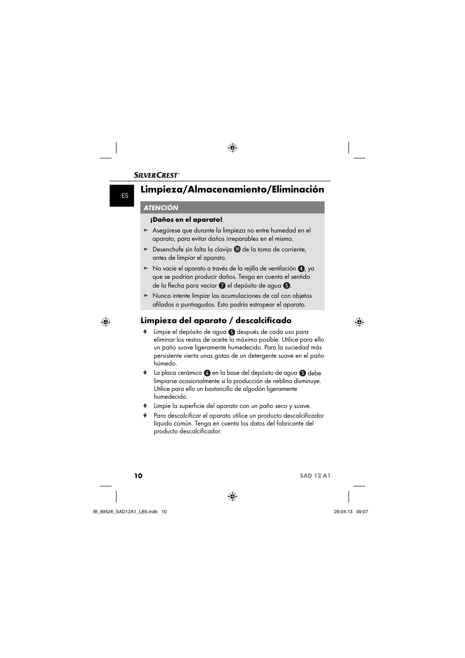 Limpieza/almacenamiento/eliminación, Limpieza del aparato / descalciﬁ cado | Silvercrest SAD 12 A1 User Manual | Page 13 / 74