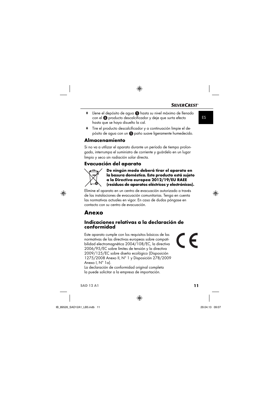 Anexo, Almacenamiento, Evacuación del aparato | Silvercrest SAD 12 A1 User Manual | Page 14 / 74