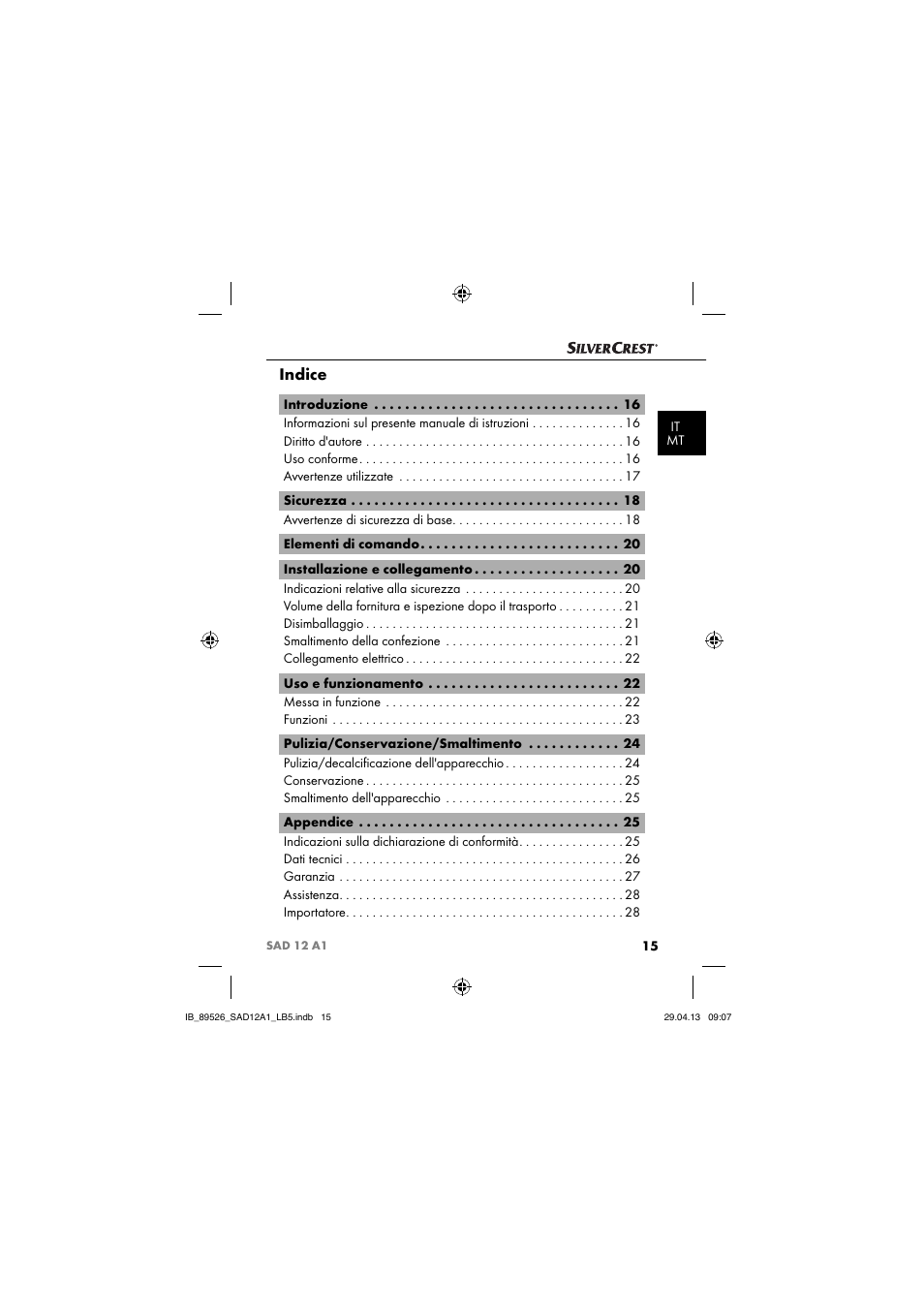 Indice | Silvercrest SAD 12 A1 User Manual | Page 18 / 74