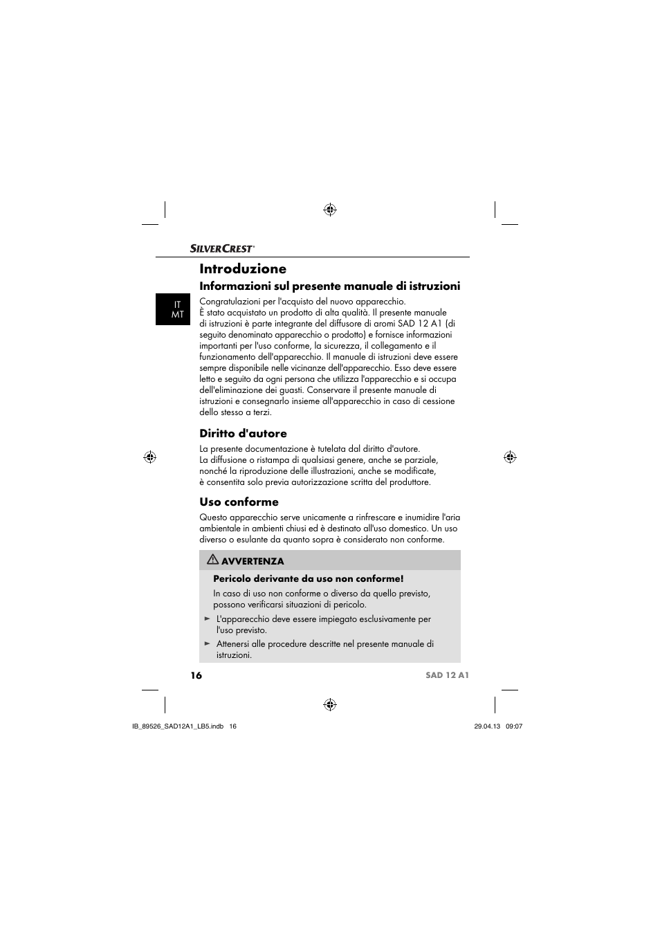 Introduzione, Informazioni sul presente manuale di istruzioni, Diritto d'autore | Uso conforme | Silvercrest SAD 12 A1 User Manual | Page 19 / 74