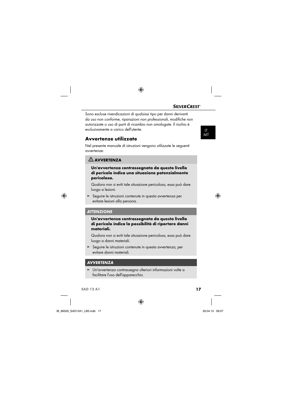 Avvertenze utilizzate | Silvercrest SAD 12 A1 User Manual | Page 20 / 74