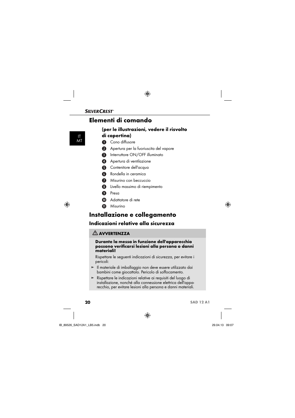 Elementi di comando, Installazione e collegamento, Indicazioni relative alla sicurezza | Silvercrest SAD 12 A1 User Manual | Page 23 / 74