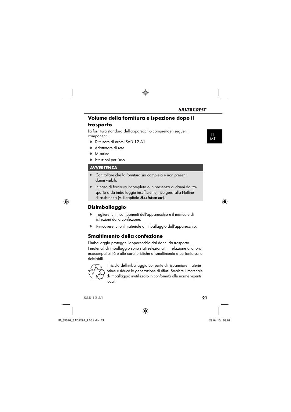 Disimballaggio, Smaltimento della confezione | Silvercrest SAD 12 A1 User Manual | Page 24 / 74