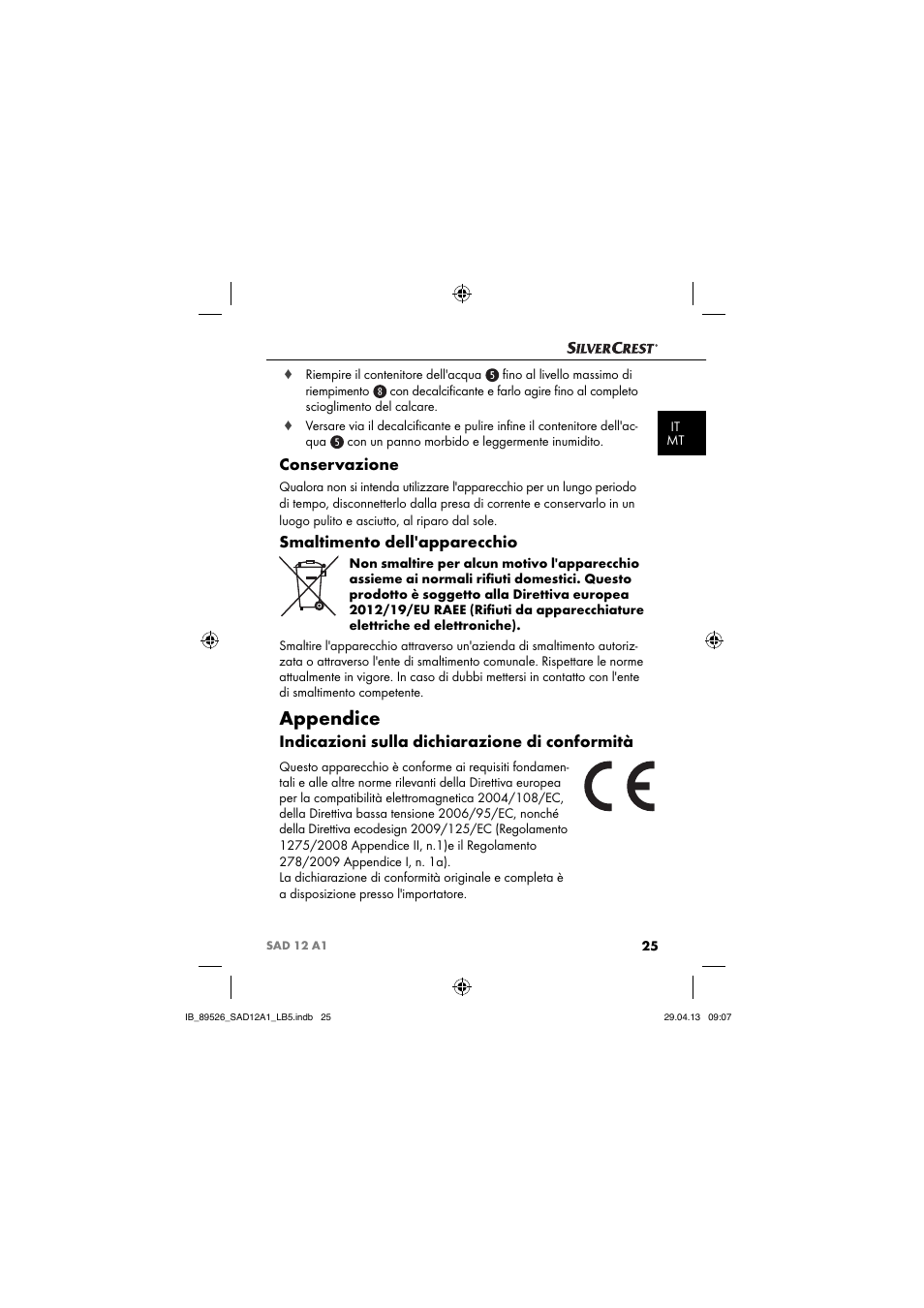 Appendice, Conservazione, Smaltimento dell'apparecchio | Indicazioni sulla dichiarazione di conformità | Silvercrest SAD 12 A1 User Manual | Page 28 / 74